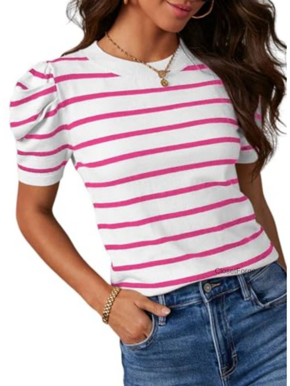 Women's Short Puff Sleeve Striped Lightweight Knit Pullover Sweater Blouse